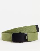 Asos Design Slim Webbed Belt With Plate Buckle In Khaki-green