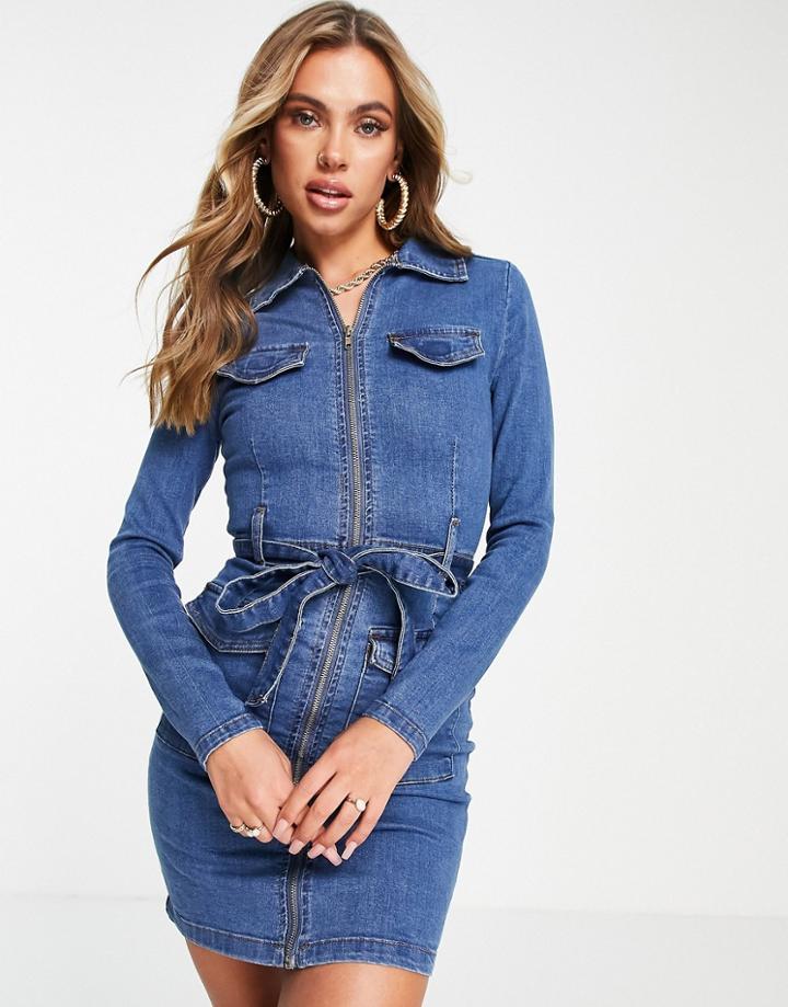 Parisian Zip Through Denim Dress In Mid Blue-blues