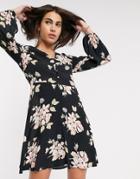 Warehouse Floral Print Tea Dress With Button Front In Black