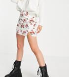 Asos Design Petite Mini Skirt In Linen Look With Notch Hem In Red Floral Print-multi