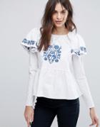 Fashion Union Embroidered Blouse With Puff Sleeves - White