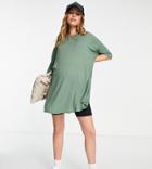 Asos Design Maternity Oversized Top With Side Split In Rib In Khaki-green
