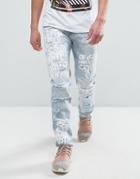 Reason Jeans In Light Wash With Distressing And Scribble Print - Blue