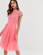 Chi Chi London Lace Midi Dress With Pleated Skirt In Coral-pink
