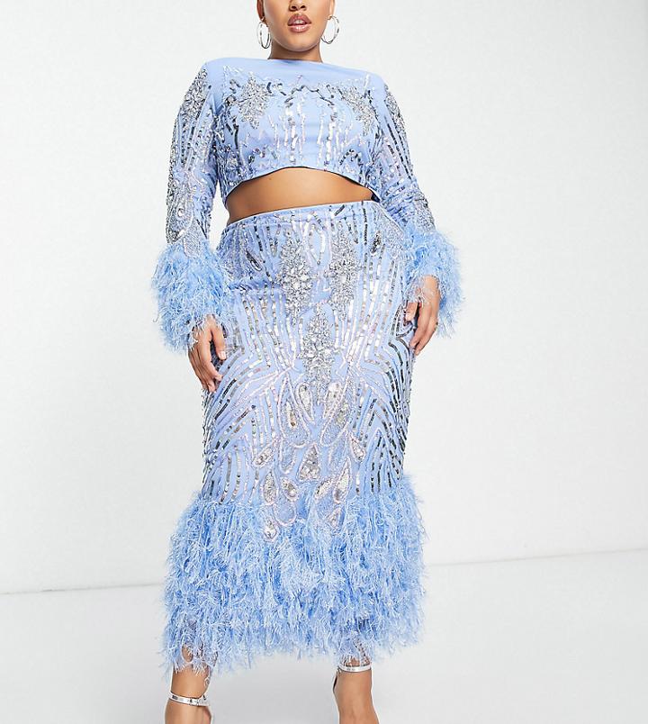 Asos Luxe Curve Embellished Gemstone Midi Skirt With Feather Hem In Blue - Part Of A Set
