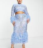 Asos Luxe Curve Embellished Gemstone Midi Skirt With Feather Hem In Blue - Part Of A Set