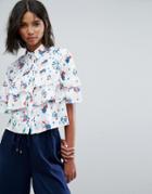 Lost Ink Cropped Shirt With Frills In Print - White