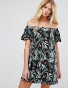 Mango Tropical Print Bardot Dress - Green