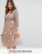 Lovedrobe Luxe 3/4 Sleeve V Neck Midi Dress With Delicate Sequin And Tulle Skirt - Pink