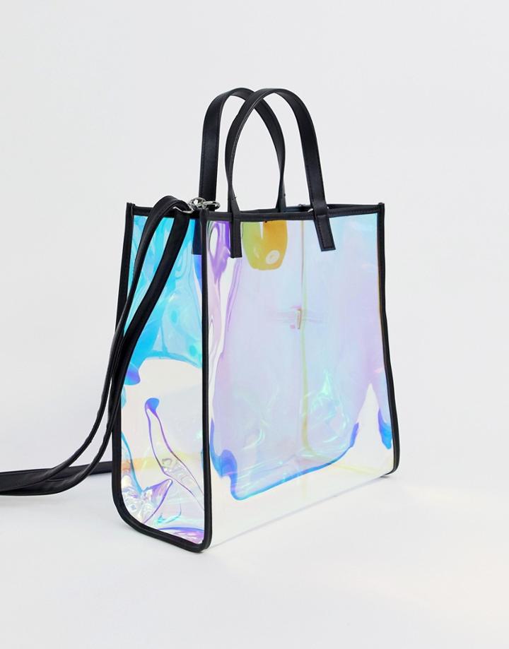 Bershka Holographic Shopper In White - White
