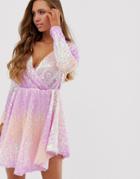 Collective The Label Allover Ombre Sequin Long Sleeve Mini Dress In Pink And Purple - Multi