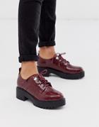New Look Chunky Hiker Lace Up Flat Shoes In Burgundy Croc-red