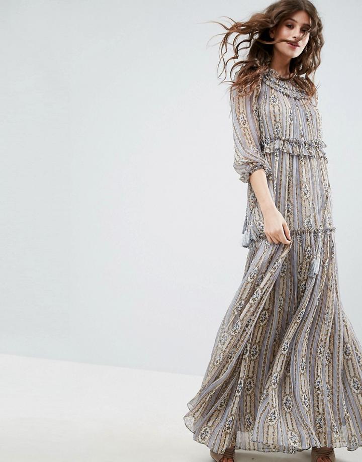 Needle & Thread Lace Maxi Dress With Ruffle Neck - Gray