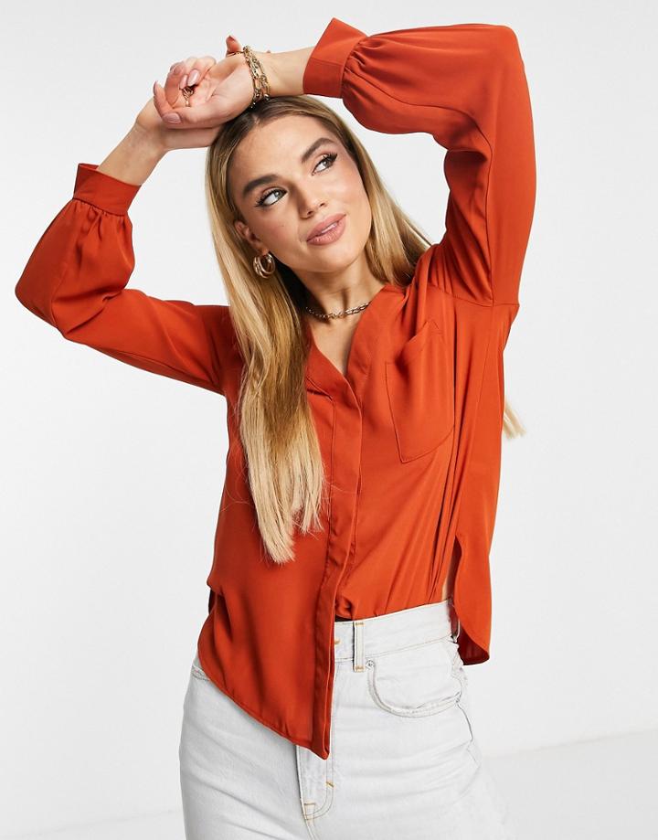 Asos Design Long Sleeve Blouse With Pocket Detail In Rust-brown