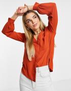 Asos Design Long Sleeve Blouse With Pocket Detail In Rust-brown