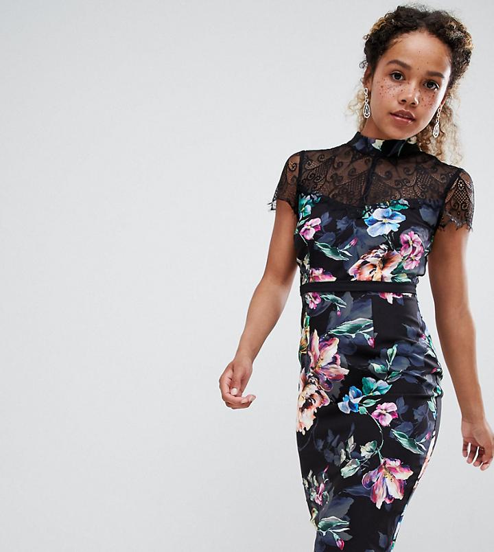 Little Mistress Petite Printed Lace Sleeve Pencil Dress-multi