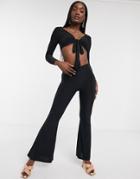 Femme Luxe Tie Front Crop Top And Flare Set In Black