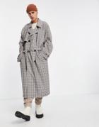 Asos Design Double Breasted Oversized Trench Coat In Gray Check