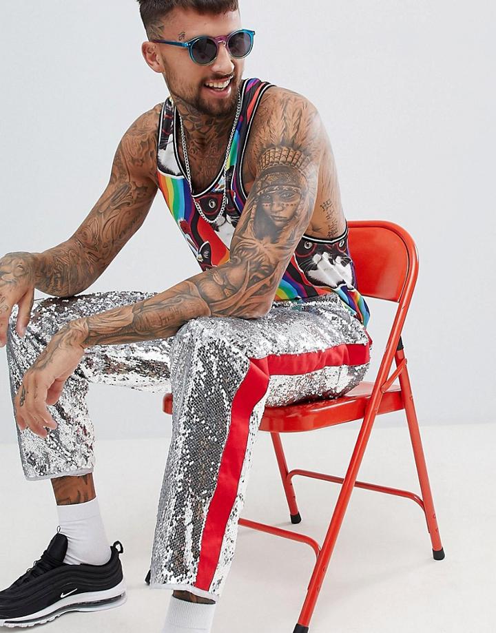 Asos Design Relaxed Pants In Silver Sequins With Red Side Taping