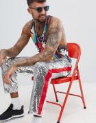 Asos Design Relaxed Pants In Silver Sequins With Red Side Taping
