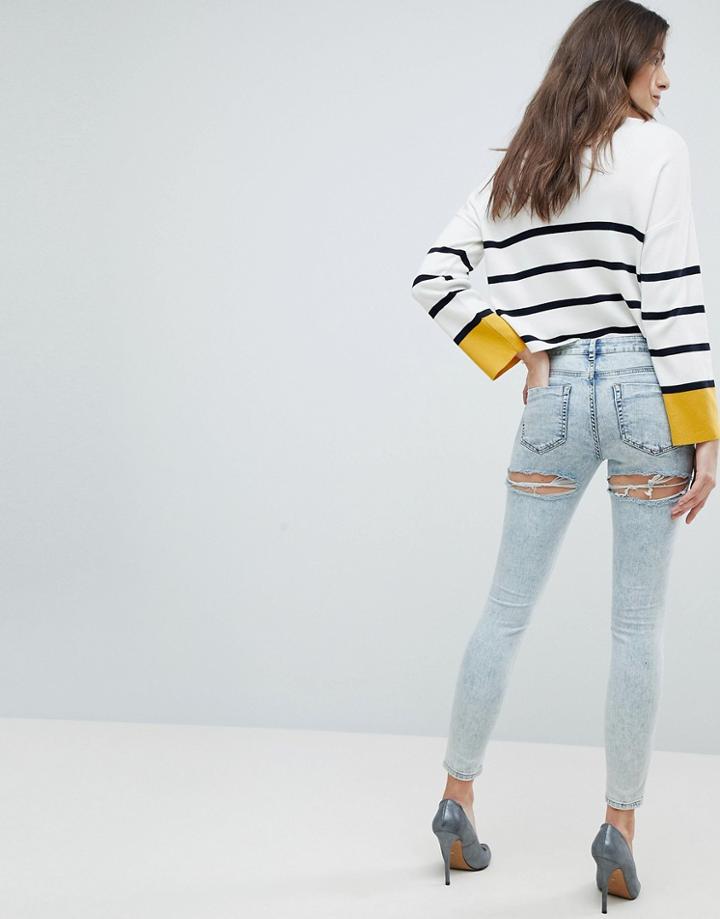Asos Lisbon Skinny Midrise Jeans In Patience Light Wash With Bum Rips In Ankle Grazer Length - Blue