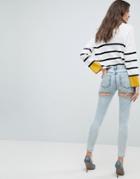 Asos Lisbon Skinny Midrise Jeans In Patience Light Wash With Bum Rips In Ankle Grazer Length - Blue