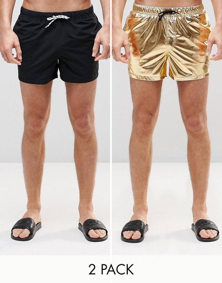 Asos Swim Shorts 2 Pack In Black And Gold Metallic Short Length Save 17%