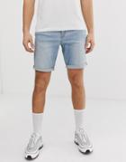 Asos Design Denim Shorts In Slim Light Wash With Abrasions - Blue