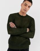 Asos Design Knitted Mesh Sweater In Khaki - Green