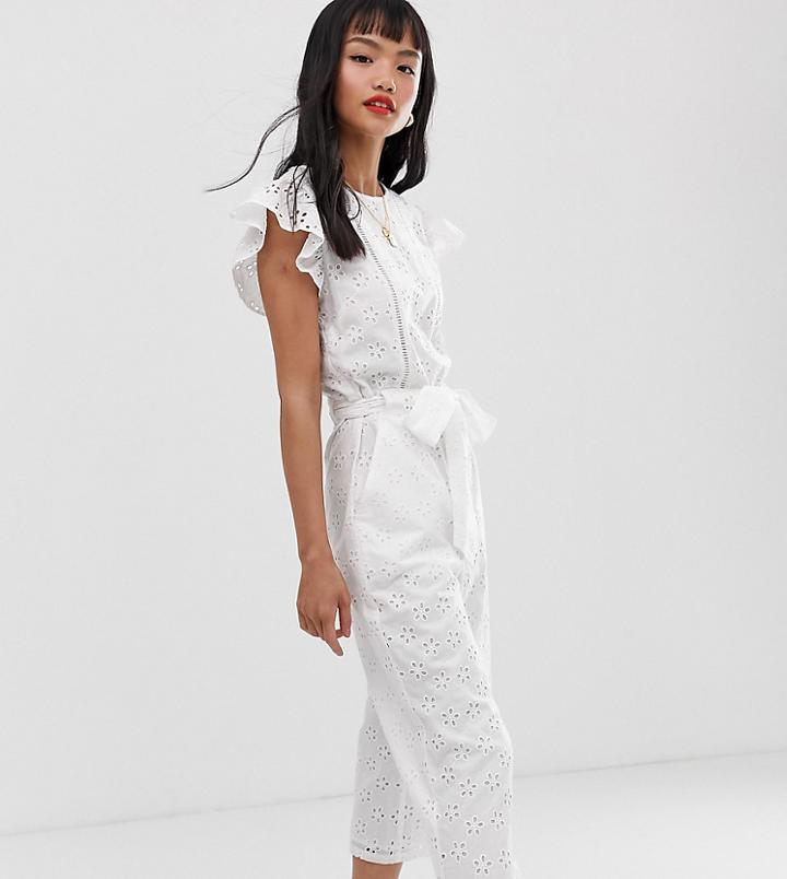 Miss Selfridge Petite Broderie Jumpsuit In White - White
