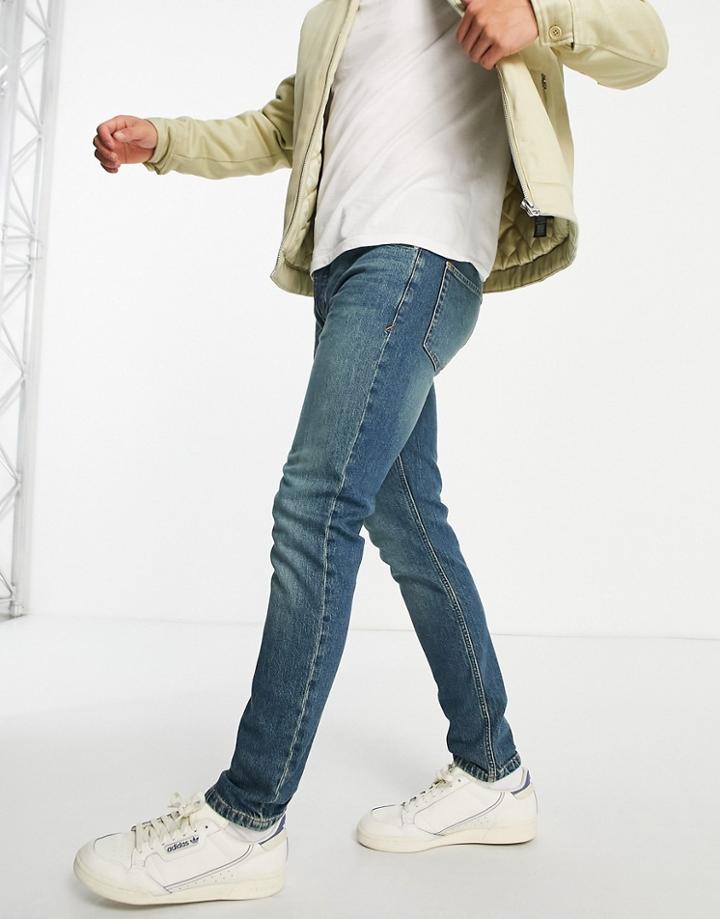 Topman Stretch Skinny Jeans In Mid Wash Blue-blues