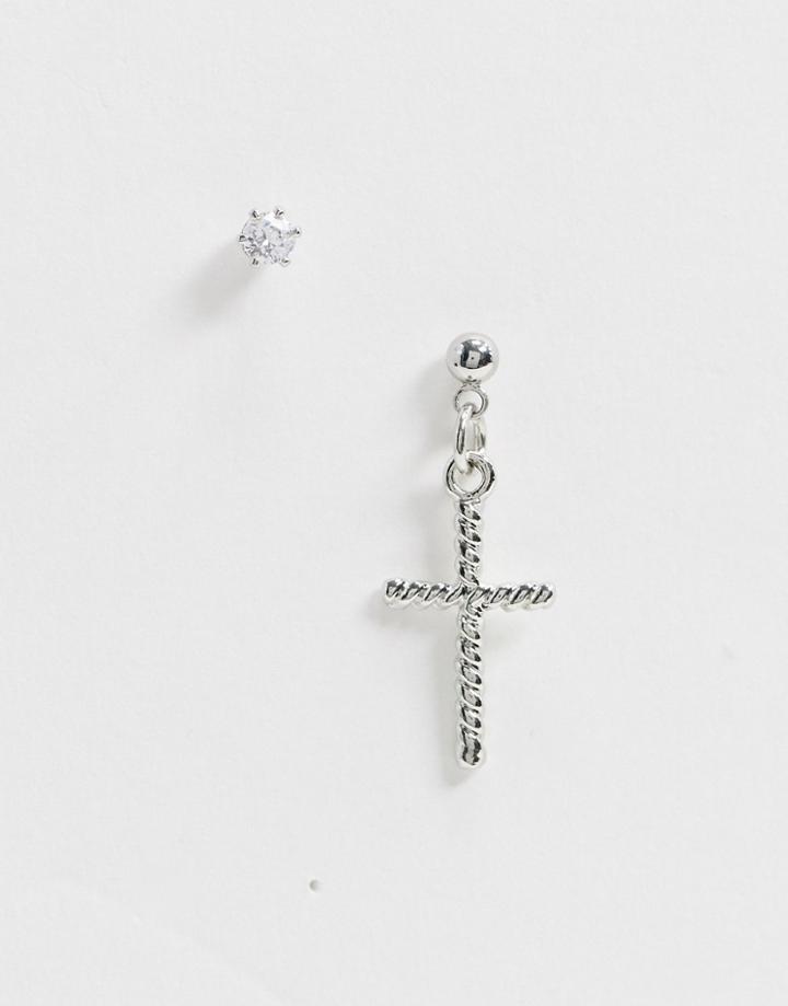 Designb Earrings With Stud And Cross Charm In Silver