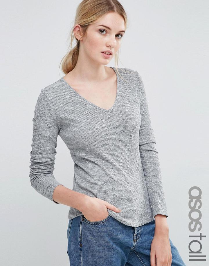 Asos Tall Fitted V Neck Long Sleeve T-shirt In Slub - Gray