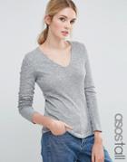 Asos Tall Fitted V Neck Long Sleeve T-shirt In Slub - Gray