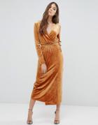 Vila Wrap Front Velvet Maxi Dress - Brown