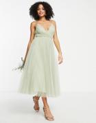 Asos Design Bridesmaid Cami Pleated Tulle Midi Dress In Sage-green