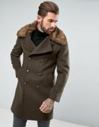 Gianni Feraud Premium Removable Faux Fur Collar Cashmere Blend Military Coat - Green