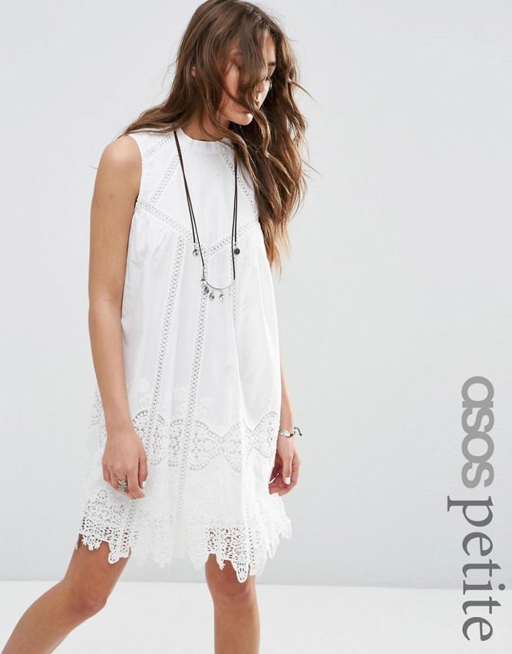 Asos Petite Premium Ladder And Lace Swing Dress With High Neck - White
