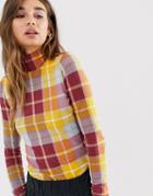 Monki Roll Neck Jersey Top In Brown Check - Brown
