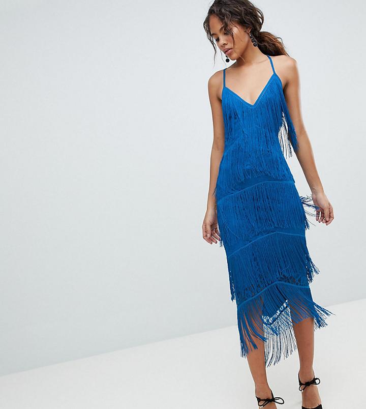 Asos Design Tall Fringe & Lace Plunge Bodycon Midi Dress - Blue