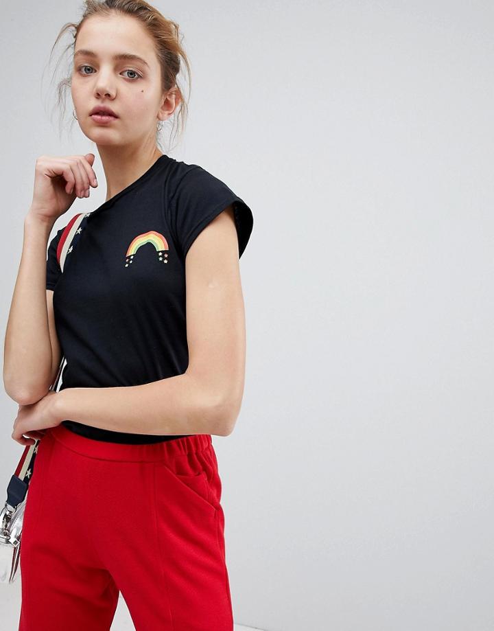 Daisy Street T-shirt With Rainbow Drops Print - Black