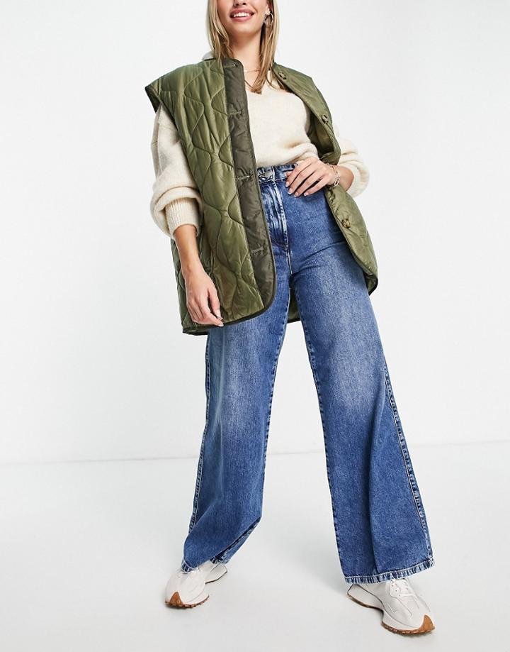 Selected Femme Cotton Wide Leg Jeans With Pleat Front In Washed Blue - Mblue-blues