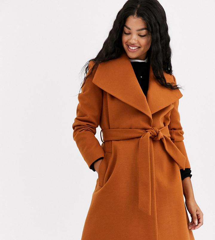 Miss Selfridge Funnel Neck Tailored Coat In Tan