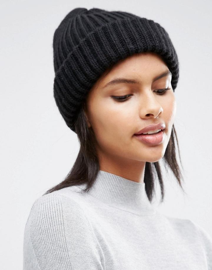 Pieces Fisherman Knit Beanie In Black - Black