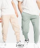 Asos Design Tapered Sweatpants 2 Pack With Pin Tuck In Green & Beige-multi