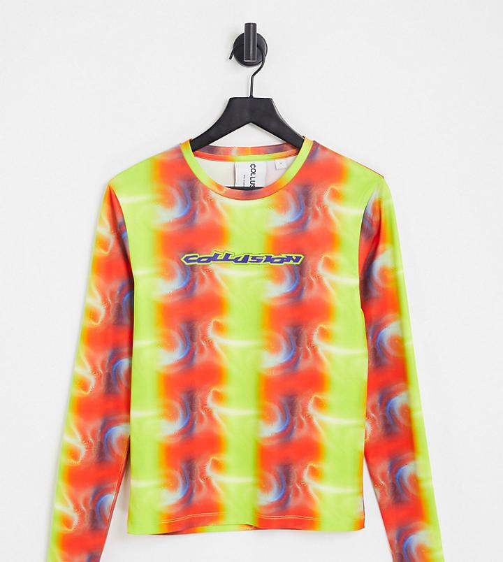 Collusion Muscle Fit Long Sleeve T-shirt In All Over Print-green