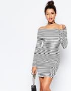 Asos Off Shoulder Body-conscious Dress In Stripe - Mono