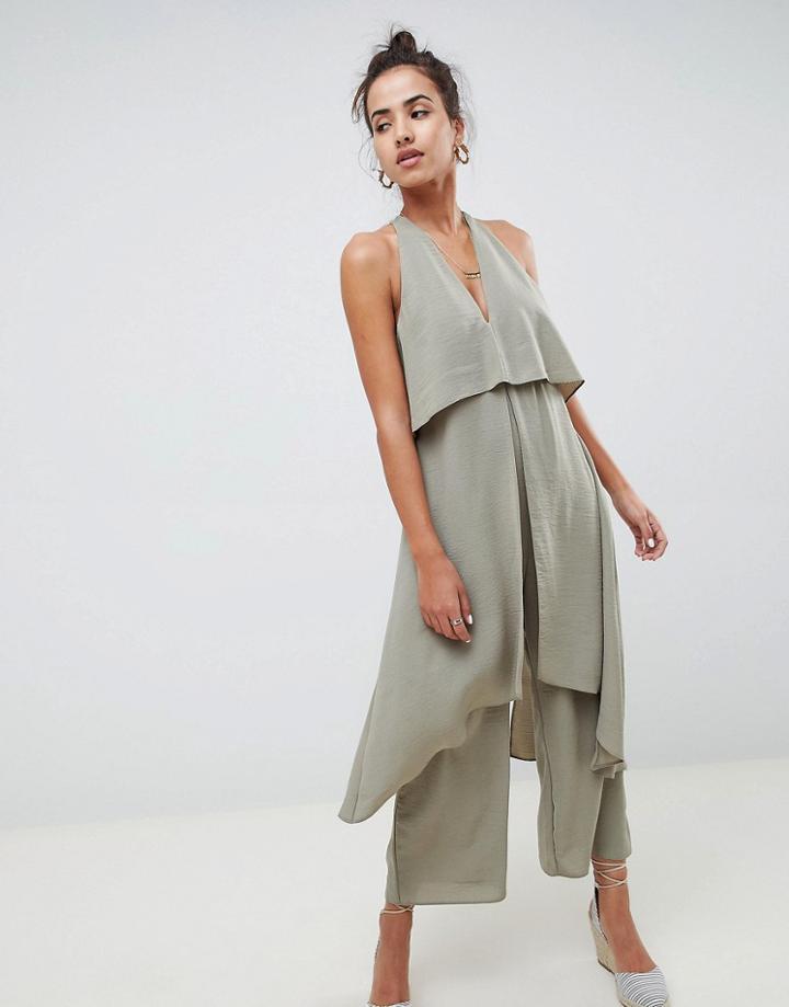 Asos Design Jumpsuit With Multi Layers In Linen Look - Green