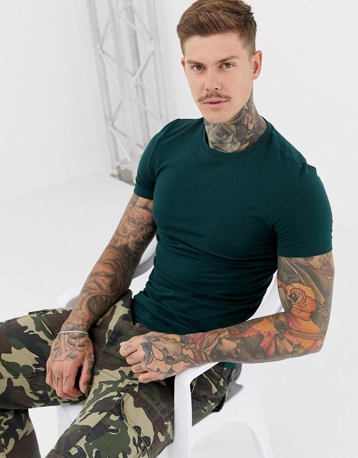 Asos Design Organic Muscle Fit Crew Neck T-shirt With Stretch In Green - Green