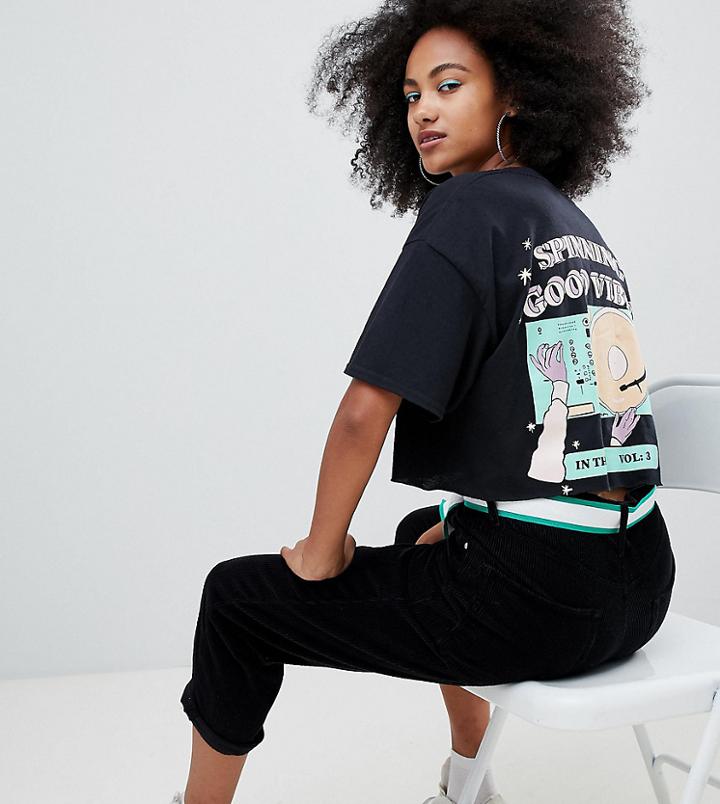 Crooked Tongues Oversized Cropped T-shirt With Spinning Good Vibes Print - Black